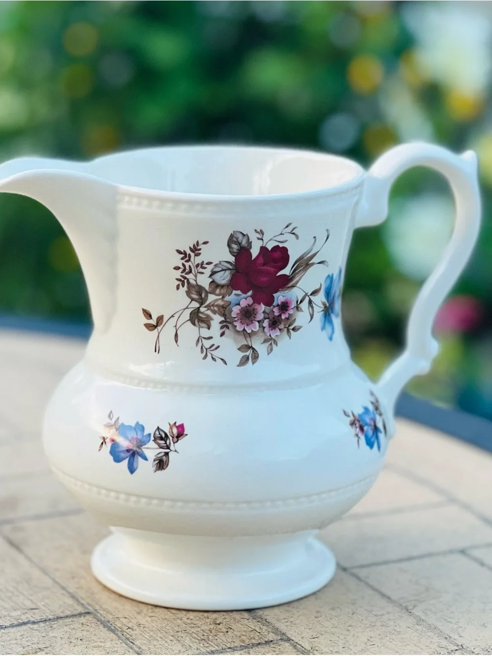 Classic English Ceramic Floral Pitcher with Purple and Blue Blooms